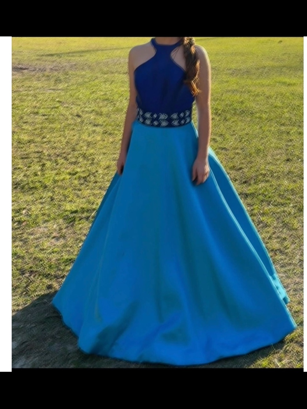 Elegant Blue Two-Tone Halter Ball Gown Dress
